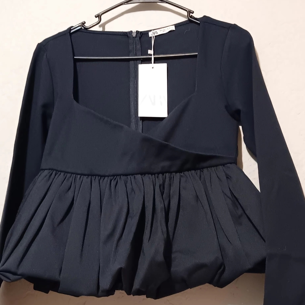Zara Women Black Top Long Sleeve‎ SzL Navy Black Back Zip - Picture 16 of 16